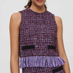 MAJE Vifeld Purple tweed sleeveless fringed top